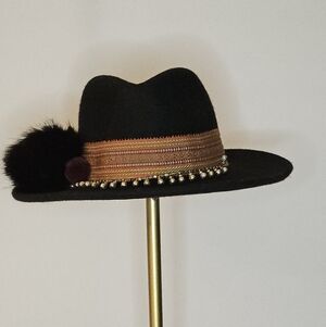 Zara Black Wool FeltRancher Hat with Fur Pom, Beads & Embroidered Band
